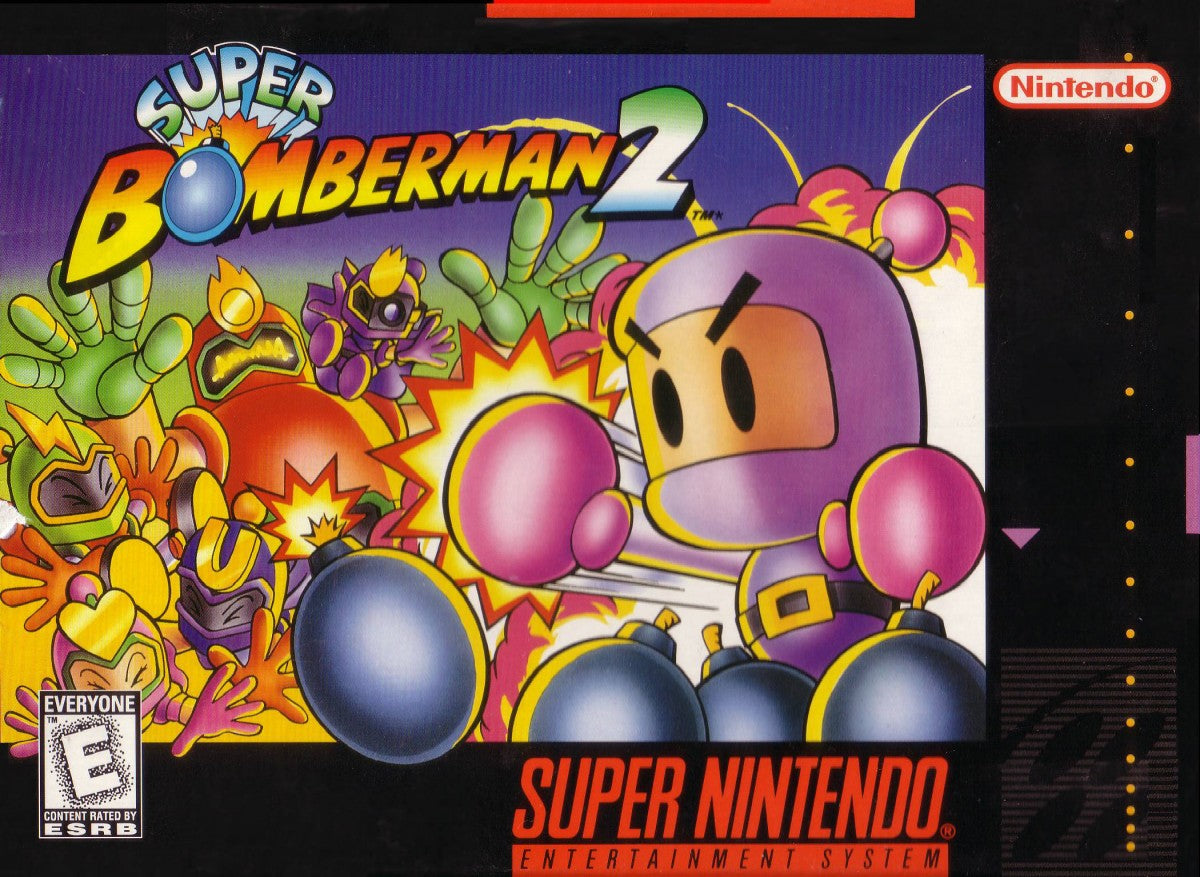 Super Bomberman 2 Super Nintendo SNES action puzzle game multiplayer party game bomb placing maze battles Hudson Soft classic Bomberman series competitive gameplay retro 16 bit gaming Super Nintendo Entertainment System software video game title cover art 