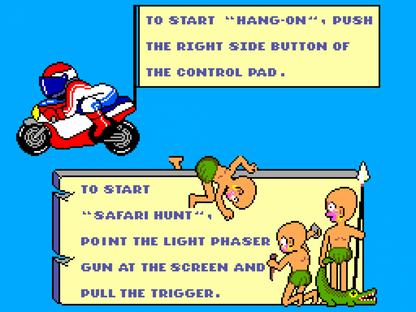 Hang-On and Safari Hunt – Sega Master System (SMS) gameplay for motorcycle racing and light gun shooting video game compilation