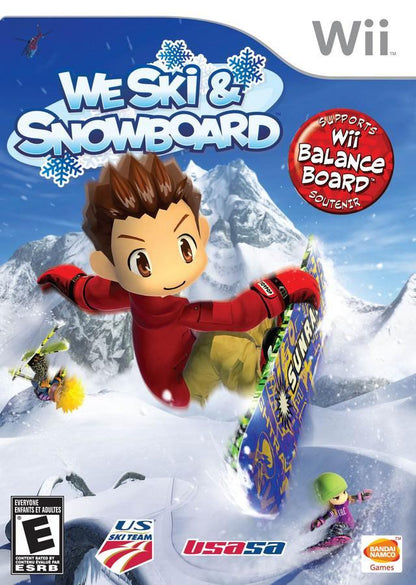We Ski & Snowboard cover art for Nintendo Wii (Wii) featuring motion‑controlled skiing and snowboarding on expansive mountain slopes, customizable characters, and family‑friendly freestyle and race events.