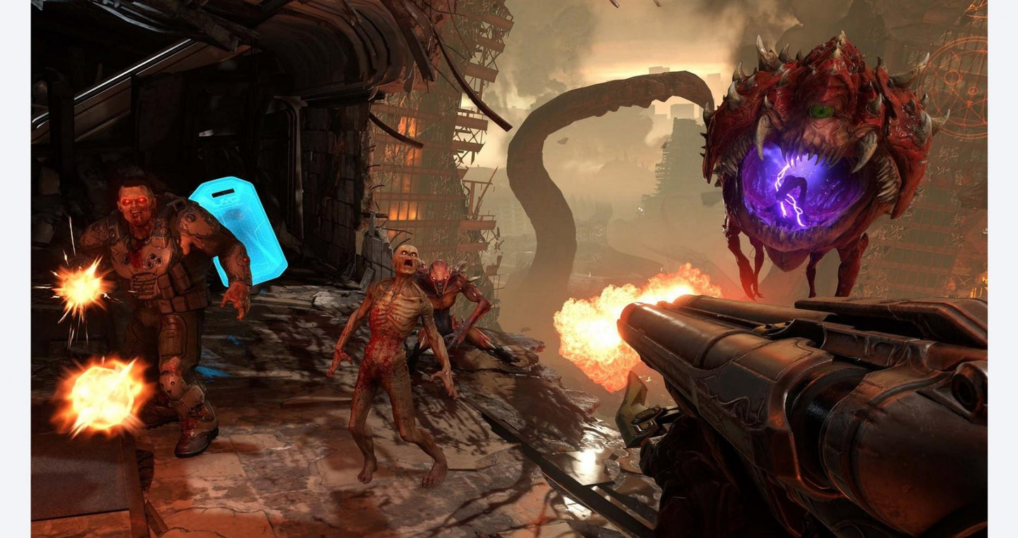 Doom Eternal for Xbox One, gameplay for a first-person shooter action horror video game
