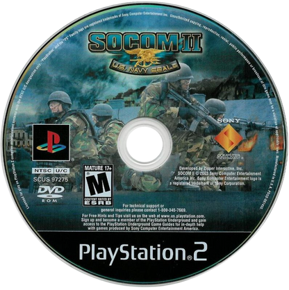 SOCOM II: U.S. Navy Seals – PlayStation 2 (PS2) video game disc, tactical shooter.