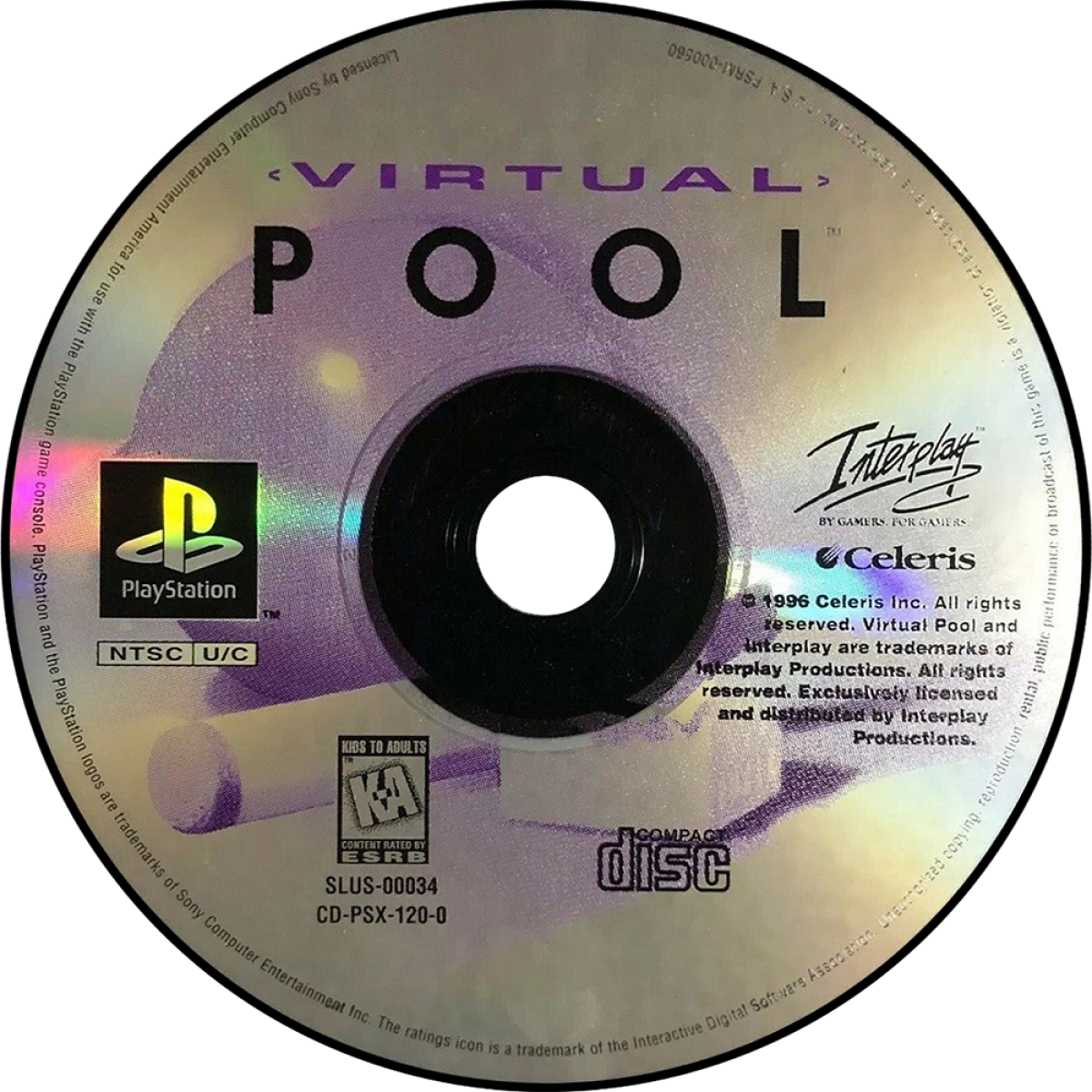 Virtual Pool PlayStation 1 PS1 video game, realistic billiards simulation, cue sports gameplay, classic console title disc