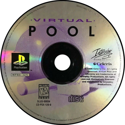 Virtual Pool PlayStation 1 PS1 video game, realistic billiards simulation, cue sports gameplay, classic console title disc