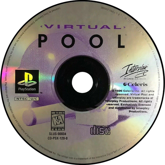 Virtual Pool PlayStation 1 PS1 video game, realistic billiards simulation, cue sports gameplay, classic console title disc