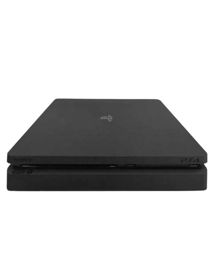 Top front view of a Sony PS4 Slim console showing the top surface, front-facing disc slot, power and eject buttons, and logo from a slightly angled perspective.