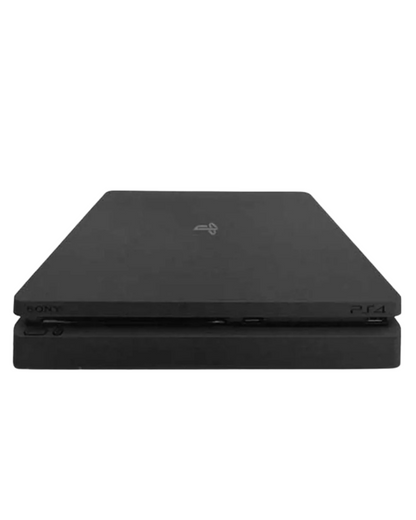 Top front view of a Sony PS4 Slim console showing the top surface, front-facing disc slot, power and eject buttons, and logo from a slightly angled perspective.