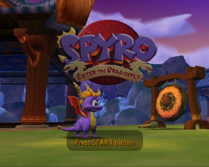 Spyro Enter the Dragonfly Greatest Hits PlayStation 2 PS2 for retro video game enthusiasts featuring 3D platforming gameplay dragon adventure exploration collectible gems puzzle solving colorful fantasy worlds Spyro abilities and collectible gaming appeal start screen
