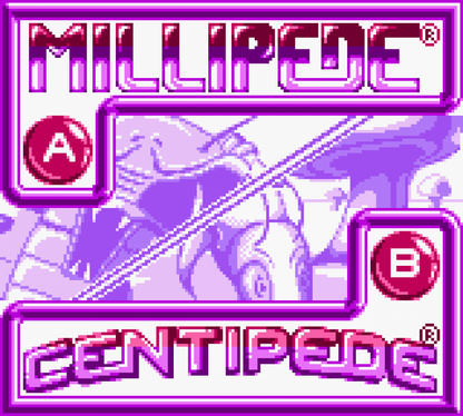 Arcade Classic 2 Centipede and Millipede for Game Boy, title screen for an arcade shooter compilation video game with fast-paced insect blasting gameplay, score-based challenges, and retro action