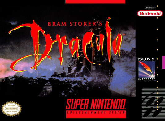 Bram Stokers Dracula retro SNES video game Bram Stokers Dracula horror action adventure gothic vampire combat platform gameplay movie based console title Super Nintendo release cover art
