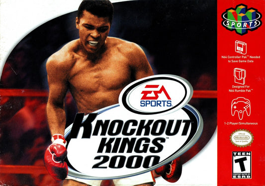 Knockout Kings 2000 game for the Nintendo 64 featuring boxing simulation gameplay with licensed fighters career mode training systems and realistic boxing matches including exhibition and championship bouts in a complete in box retail release format front cover
