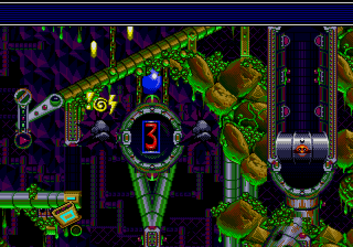 Sonic Spinball Sega Genesis arcade-style pinball game featuring Sonic the Hedgehog in fast-paced action levels gameplay