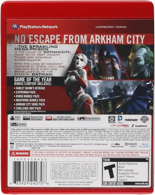 Batman Arkham City Game of the Year Edition Greatest Hits PlayStation 3 PS3 video game featuring Batman action adventure gameplay open world exploration stealth combat missions Gotham City villains and iconic DC Comics characters retro video game PlayStation 3 collection collectible gaming appeal back cover art