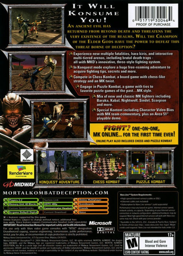 Mortal Kombat Deception Kollector's Edition Mileena Version Xbox XBOX for retro video game enthusiasts featuring brutal fighting gameplay iconic Mortal Kombat characters intense one on one battles special moves fatalities Konquest adventure mode and collectible gaming appeal back cover art