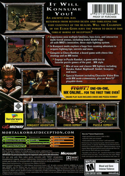 Mortal Kombat Deception Kollector's Edition Mileena Version Xbox XBOX for retro video game enthusiasts featuring brutal fighting gameplay iconic Mortal Kombat characters intense one on one battles special moves fatalities Konquest adventure mode and collectible gaming appeal back cover art