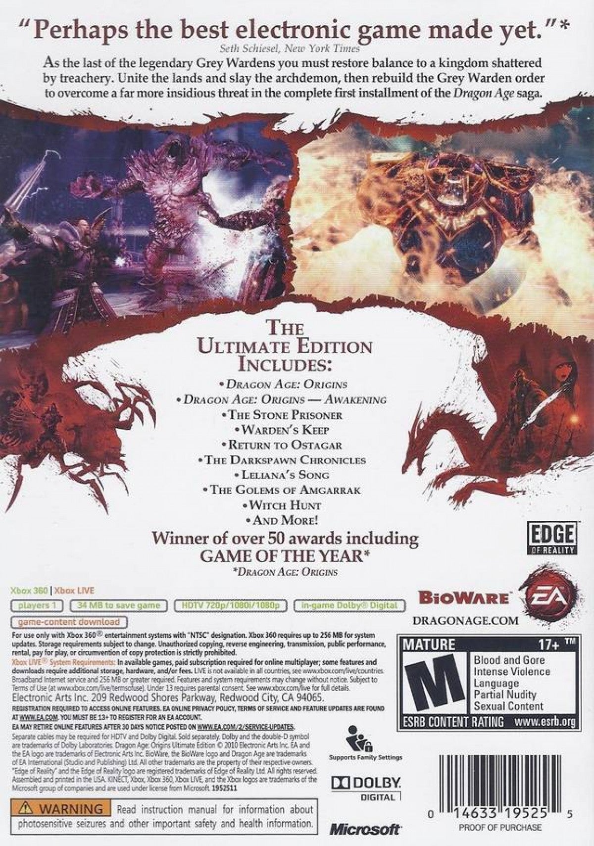 Dragon Age Origins Ultimate Edition for Xbox 360 role playing video game featuring the complete epic fantasy campaign all DLC deep character choices tactical combat and immersive BioWare storytelling experience back cover art