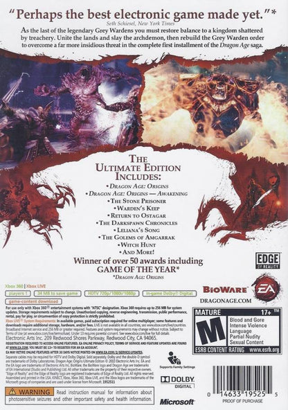 Dragon Age Origins Ultimate Edition for Xbox 360 role playing video game featuring the complete epic fantasy campaign all DLC deep character choices tactical combat and immersive BioWare storytelling experience back cover art