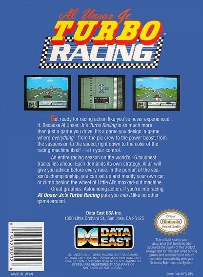 Al Unser Jr Turbo Racing Nintendo Entertainment System NES for retro video game enthusiasts featuring arcade racing gameplay open wheel motorsports high speed competition multiple race tracks responsive controls classic 8 bit driving action and collectible gaming appeal back cover