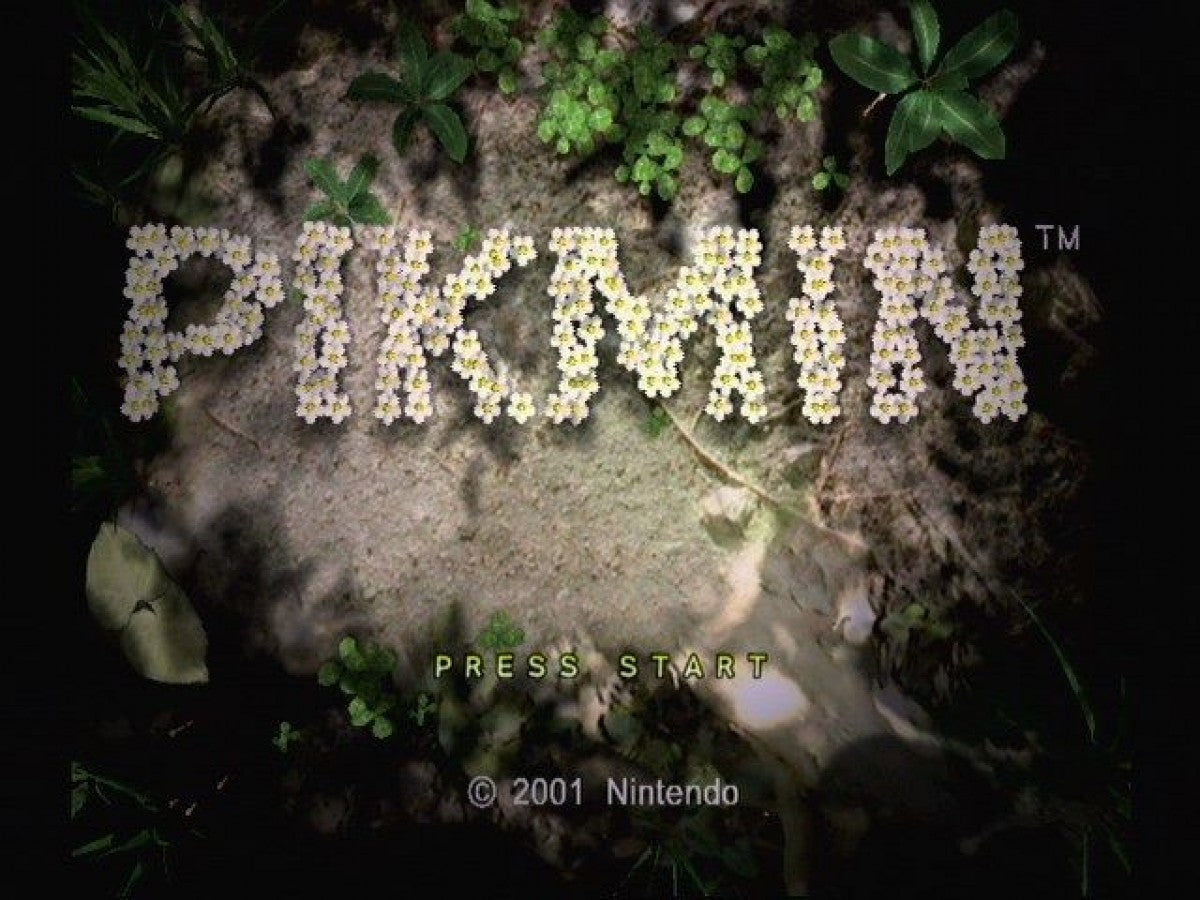Pikmin start screen for Nintendo GameCube (GC) real-time strategy adventure video game