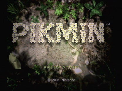Pikmin start screen for Nintendo GameCube (GC) real-time strategy adventure video game