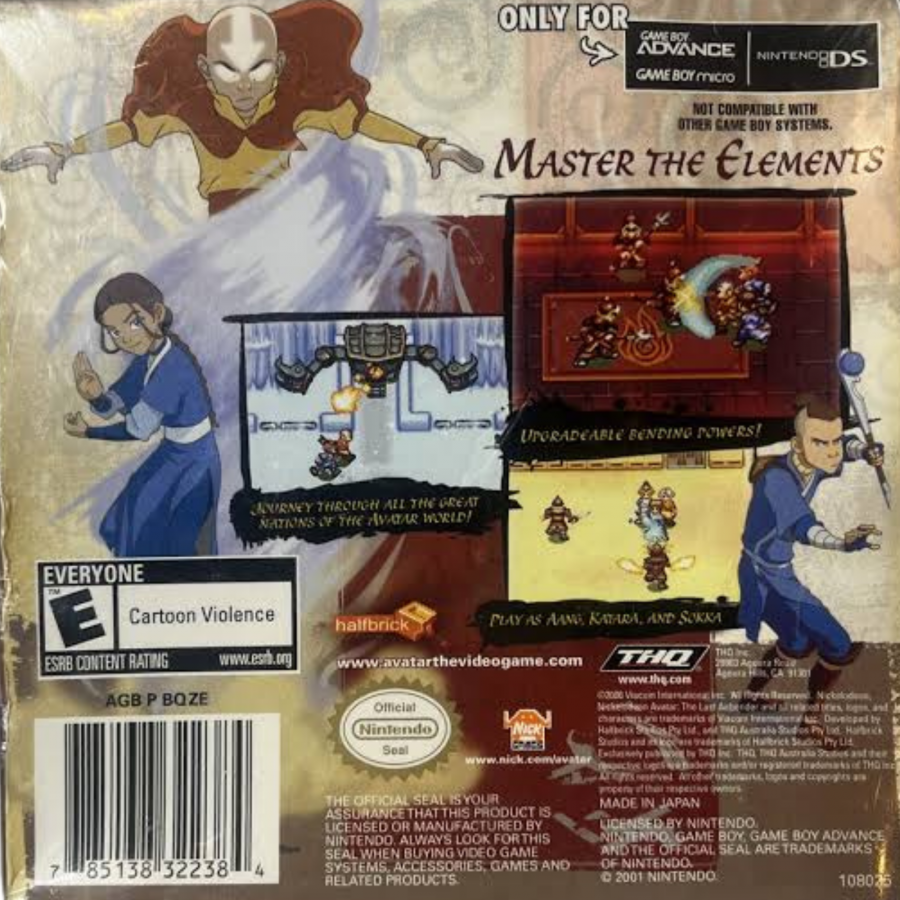 Avatar the Last Airbender Game Boy Advance GBA action adventure video game featuring Aang Katara Sokka elemental bending combat exploration puzzles enemies quests character abilities and gameplay inspired by the Avatar The Last Airbender animated series classic Game Boy Advance GBA gaming collectible retro gaming appeal back cover art