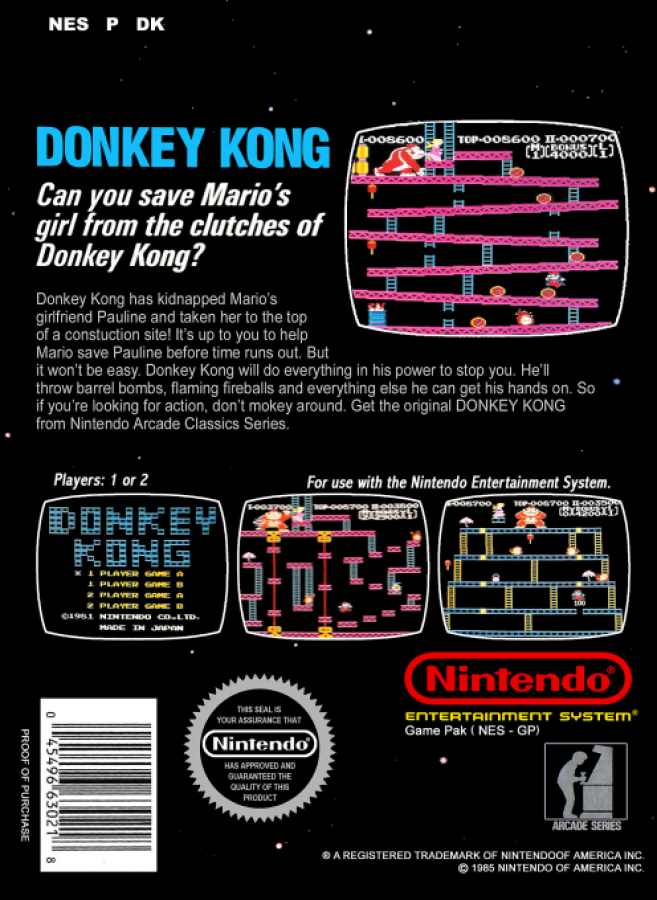 Donkey Kong [5 Screw] back of box for Nintendo Entertainment System (NES) retro video game