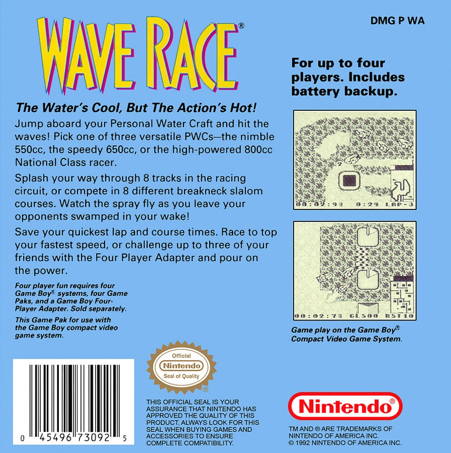 Wave Race back cover art for Game Boy (GB) video game