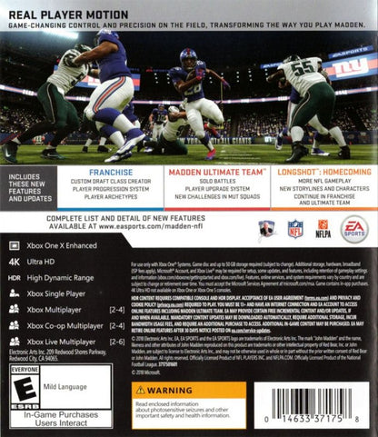 Madden NFL 19 Hall of Fame Edition back of case for Xbox One (XONE) sports football video game