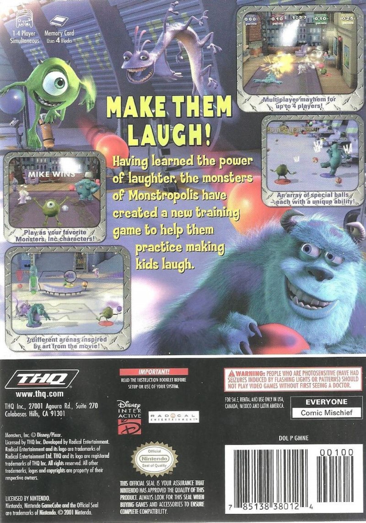 Back Cover art for Monsters, Inc. Scream Arena GameCube GC video game, action party game, family-friendly, multiplayer, Pixar movie tie-in, Nintendo GameCube title