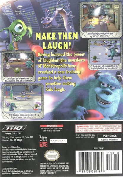 Back Cover art for Monsters, Inc. Scream Arena GameCube GC video game, action party game, family-friendly, multiplayer, Pixar movie tie-in, Nintendo GameCube title