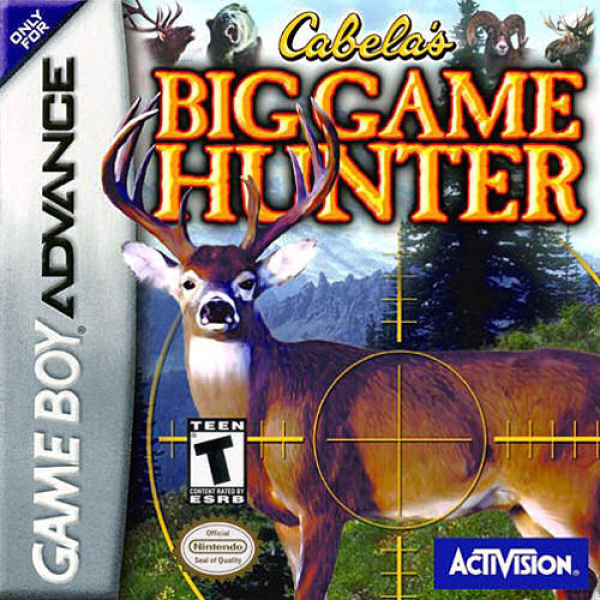 Cabela’s Big Game Hunter for Game Boy Advance, cover image for a hunting simulation video game with outdoor environments, animal tracking gameplay, mission-based challenges, and realistic hunting mechanics
