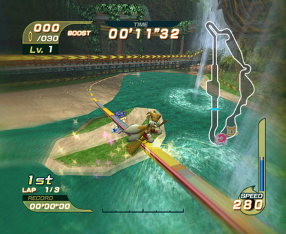 Sonic Riders gameplay for GameCube (GC) game featuring high-speed hoverboard racing and arcade-style competition