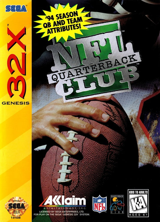 NFL Quarterback Club Sega 32X video game, football sports simulation, classic NFL gameplay, retro Sega console title front cover