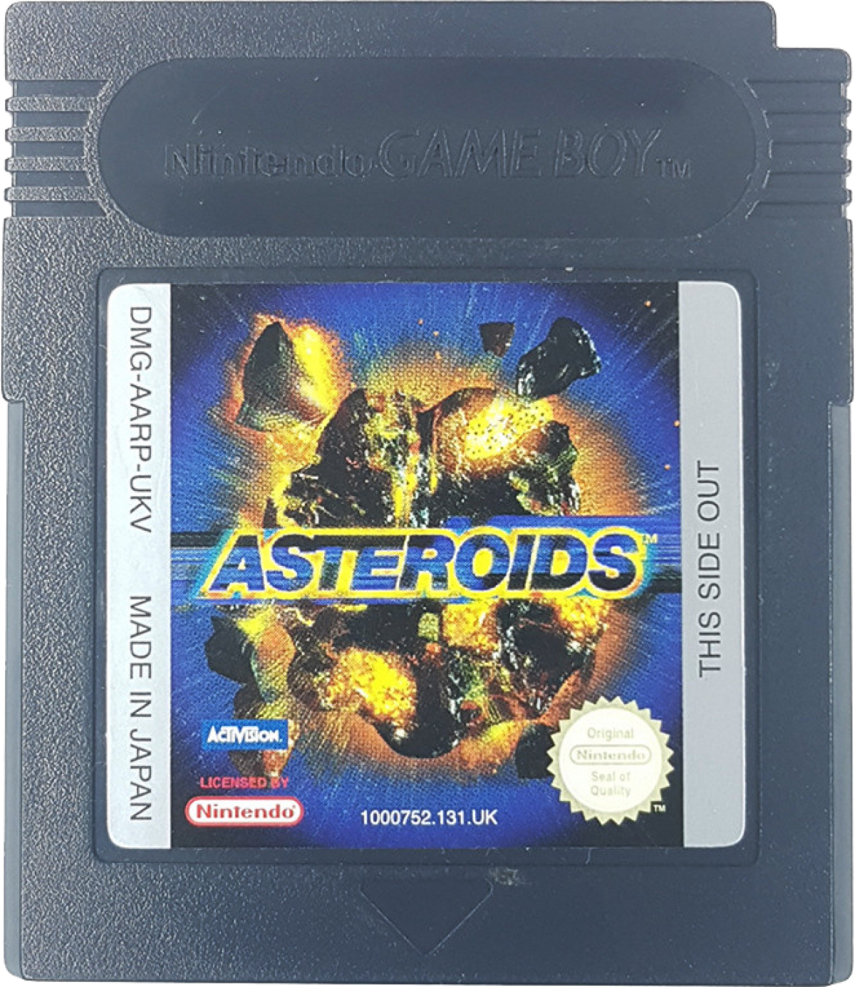 Asteroids classic arcade shooter for Game Boy featuring spaceship navigation asteroid destruction high score chasing and retro pixel graphics gameplay cartridge 
