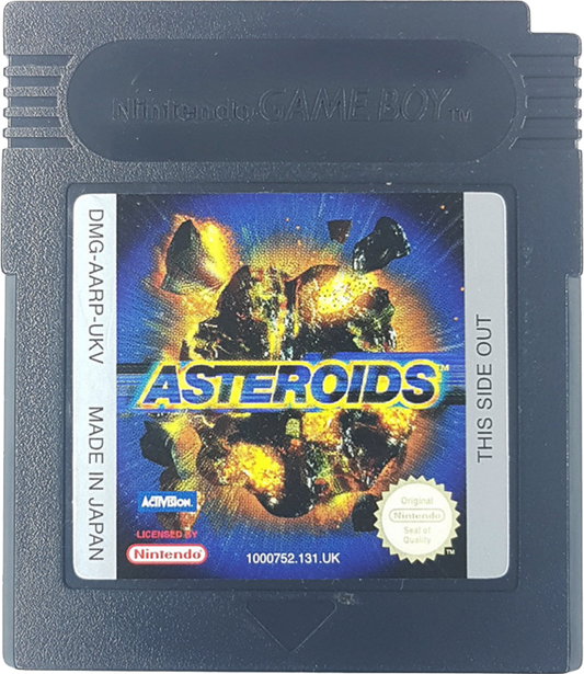 Asteroids classic arcade shooter for Game Boy featuring spaceship navigation asteroid destruction high score chasing and retro pixel graphics gameplay cartridge 
