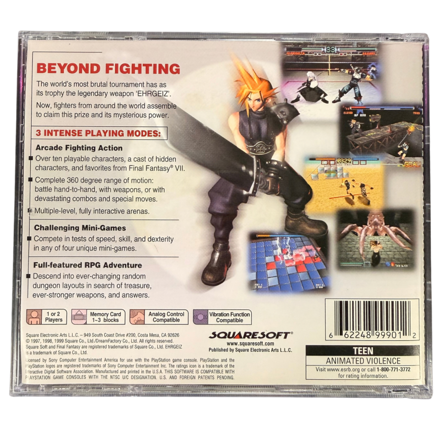Ehrgeiz God Bless the Ring Sony PlayStation PS1 video game featuring 3D fighting gameplay martial arts combat weapon based battles iconic characters arcade style action special moves arena battles and classic 32 bit PlayStation gameplay retro video game collection collectible gaming appeal back cover art