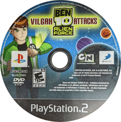 Ben 10: Alien Force: Vilgax Attacks for PlayStation 2 (PS2) featuring an action adventure where you transform into multiple Alien Force aliens to fight across different worlds; use combo combat special abilities and upgrades while taking on Vilgax in a story inspired by the series disc