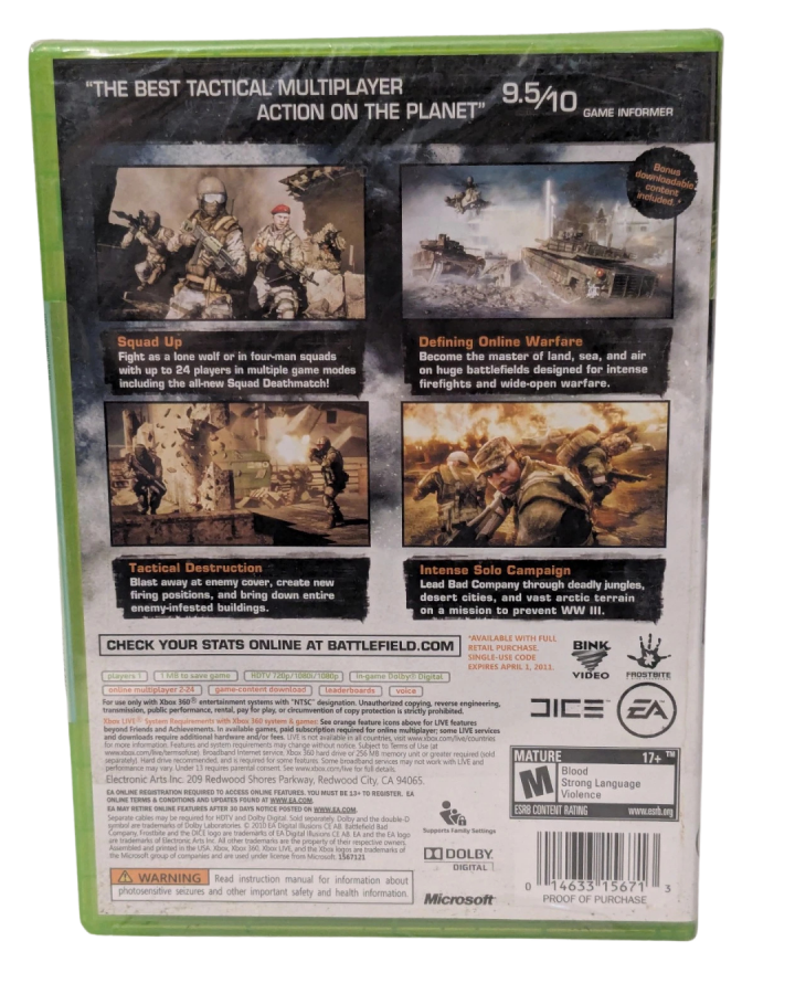 Battlefield: Bad Company 2 for Xbox 360 (X360) at Gamers INC, featuring the critically acclaimed military shooter known for its extensive environmental destruction, a character-driven single-player campaign, and a premier multiplayer experience where you engage in large-scale tactical warfare across diverse landscapes using a wide array of vehicles, weapons, and specialized soldier classes back cover

 