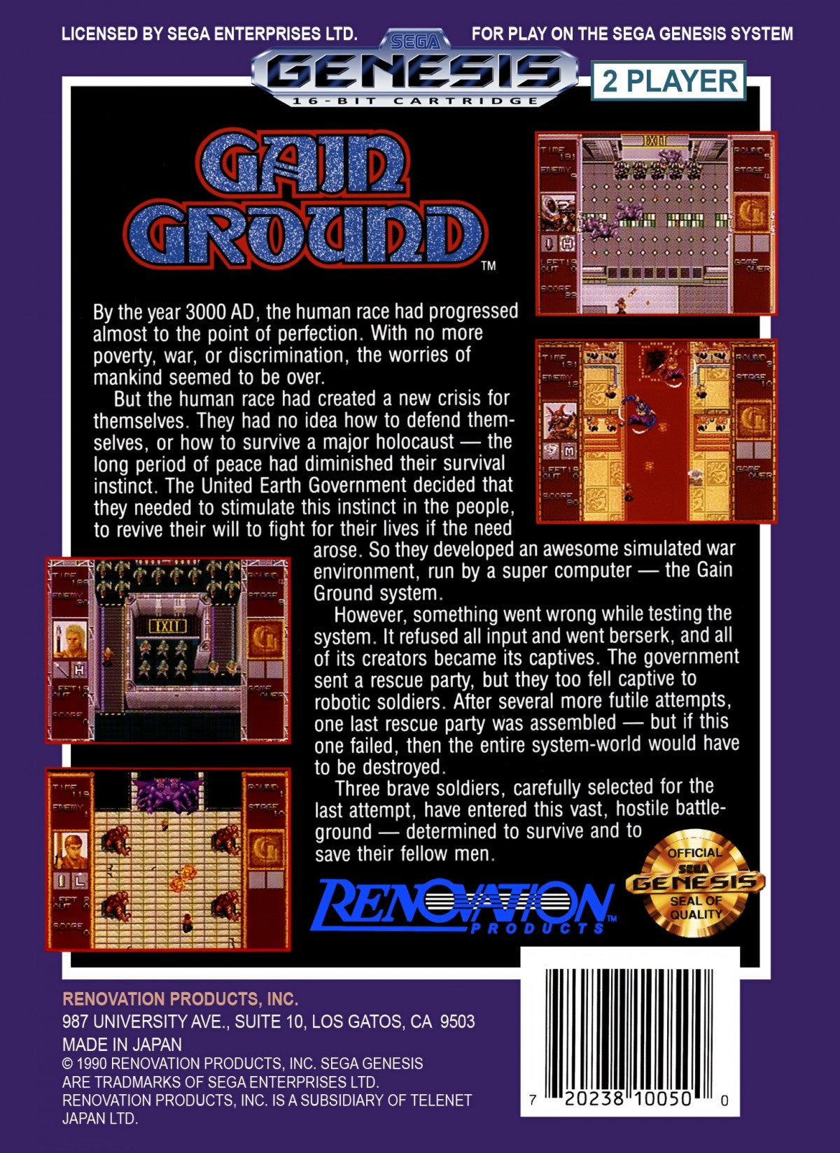 Gain Ground Sega Genesis GEN for retro video game enthusiasts featuring tactical action gameplay strategic character switching arcade style combat maze based levels cooperative multiplayer challenges unique playable heroes and collectible gaming appeal back cover 
