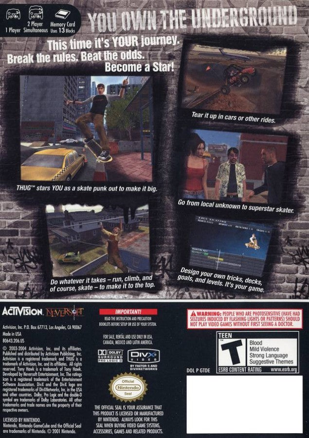 Tony Hawk's Underground Nintendo GameCube GC video game featuring skateboarding sports action gameplay professional skateboarders street skating skate parks open world exploration story driven career mode custom skater creation skateboard tricks grinds flips manuals combos challenging goals competitions and classic extreme sports gaming retro video game collection collectible gaming appeal back cover art