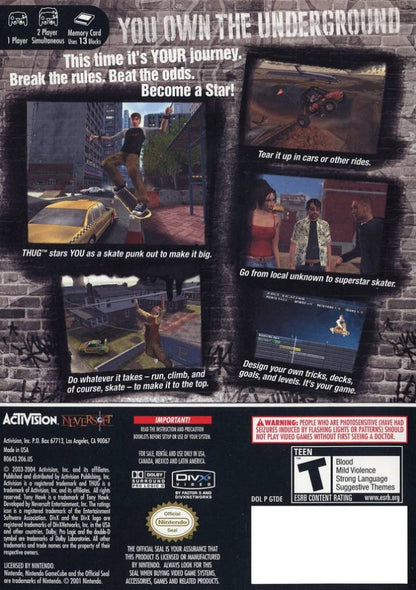 Tony Hawk's Underground Nintendo GameCube GC video game featuring skateboarding sports action gameplay professional skateboarders street skating skate parks open world exploration story driven career mode custom skater creation skateboard tricks grinds flips manuals combos challenging goals competitions and classic extreme sports gaming retro video game collection collectible gaming appeal back cover art