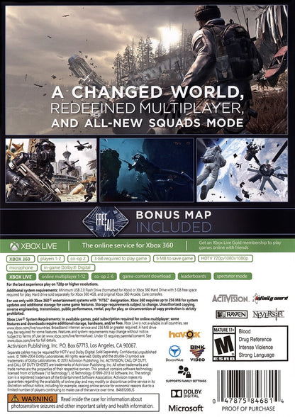 Call of Duty: Ghost back cover art for XBox 360 (X360) video game