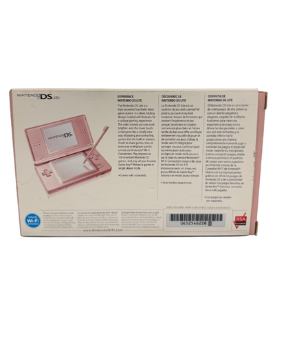 Boxed Nintendo DS Lite in pink, handheld gaming console with original packaging.
