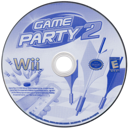 Game Party 2 game for the Nintendo Wii featuring party style mini games including darts hoop shoot horseshoes and bean bag toss with motion controls multiplayer modes and a variety of casual arcade and backyard style activities for up to four players
 disc