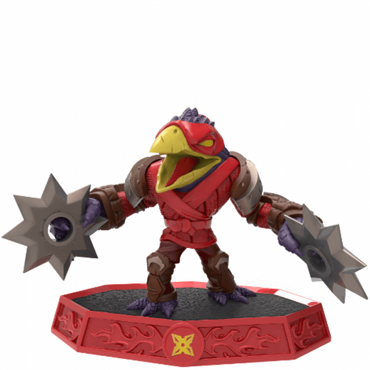 Tae Kwon Crow Skylanders Imaginators figure, undead ninja crow warrior with black feathers, red eyes, and martial arts stance, wielding dual feather blades, detailed collectible toy on portal base from Skylanders Imaginators series