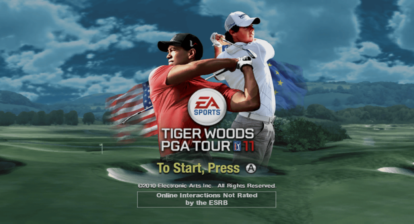 Tiger Woods PGA Tour 11 title screen for Nintendo Wii (Wii) featuring motion‑controlled golf, Ryder Cup team play, and authentic championship courses.