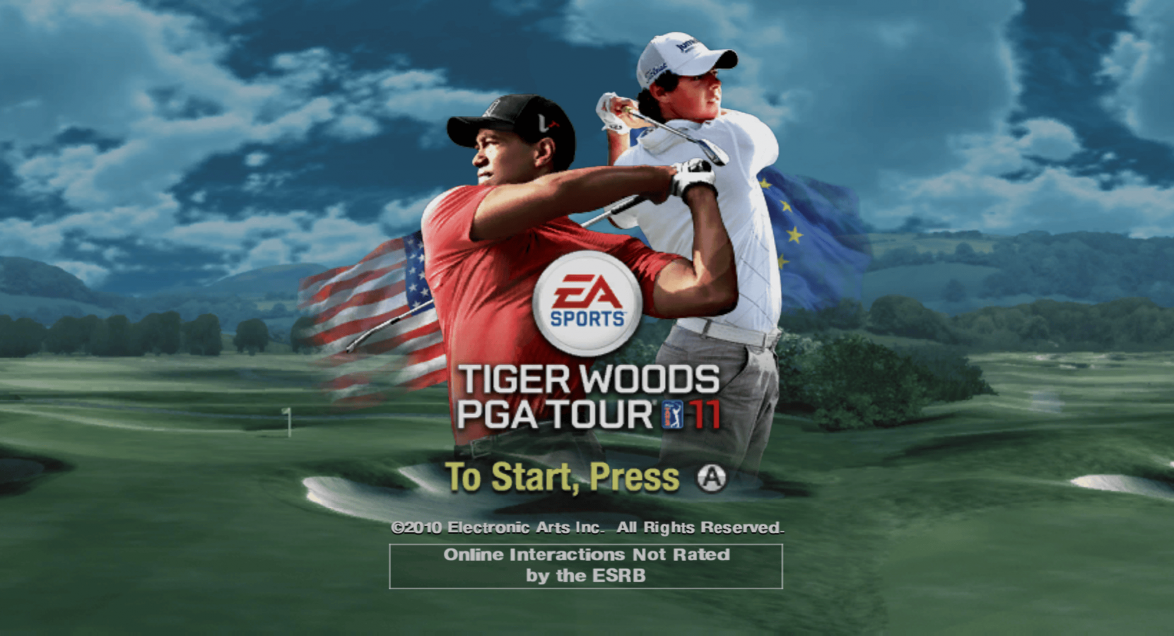 Tiger Woods PGA Tour 11 title screen for Nintendo Wii (Wii) featuring motion‑controlled golf, Ryder Cup team play, and authentic championship courses.