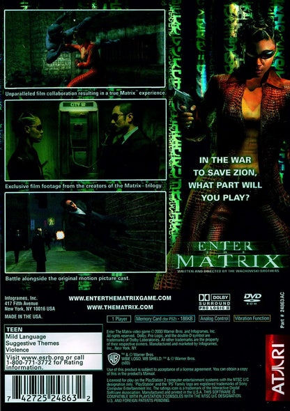 Enter the Matrix back of case for PlayStation 2 (PS2) action-adventure video game based on The Matrix film series