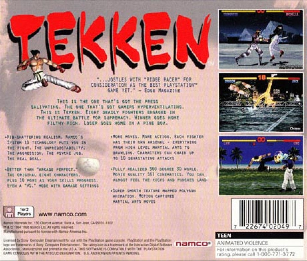 Tekken PlayStation PS1 for fighting video game fans featuring classic 3D martial arts combat iconic character roster arcade style battles fast paced gameplay powerful combos competitive multiplayer tournament action collectible gaming appeal back cover art