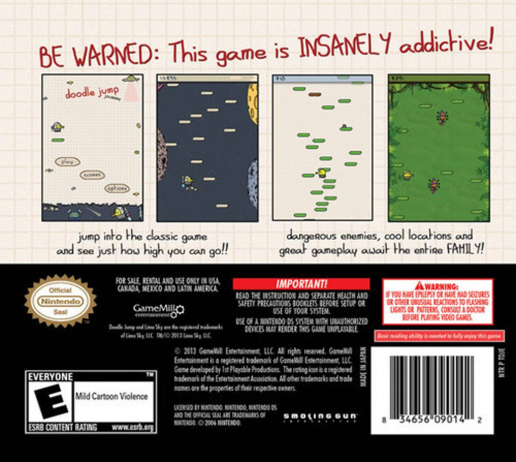 Doodle Jump Journey back of case for Nintendo DS (DS) arcade platforming video game