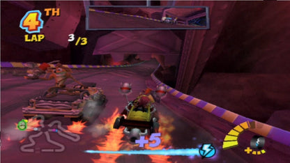 Crash Tag Team Racing for PlayStation 2 (PS2) featuring the hilarious fusion of high-speed racing and platforming adventure where you can "clash" your vehicle with an opponent's to create a powerful hybrid turret-car; explore Von Clutch's Motor World on foot, solve puzzles, and collect Power Gems in this wacky, combat-heavy twist on the Crash Bandicoot racing formula gameplay screenshot